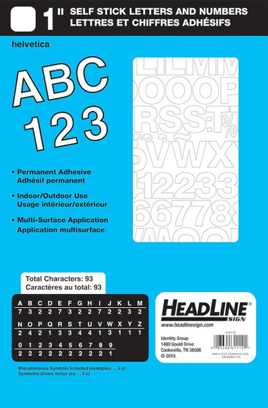  Headline Self-Stick Letters & Numbers, Heveltica Font, 1" White 