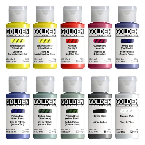 Golden Artist Colors Golden Fluid Acrylic Set, 10-Color Fluid Mixing Set 