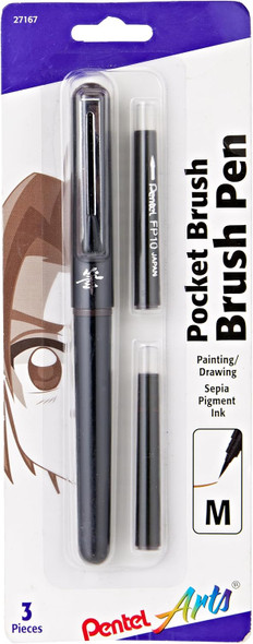 Pentel Pocket Brush Pen, Pigment Ink Pen w/ 2 Ink Refills, Sepia, Medium Point