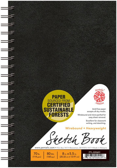  Pentalic Classic Hardcover Sketchbook, 70#, 5.5"x8" Wirebound 