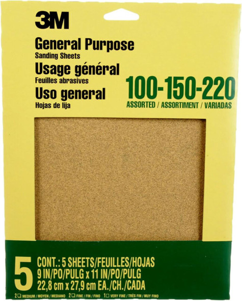3M CO. General Purpose Sanding Sheets, 9"X11", 5pk Assorted Grit 