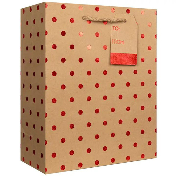  Jillson & Roberts Gift Bag, Medium, Red Dots on Kraft 