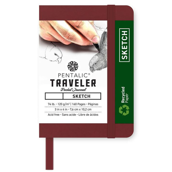  Pentalic Recycled Traveler Pocket Journal Sketchbook, 3"x4", Burgundy 