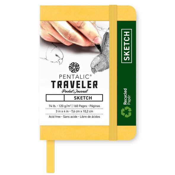  Pentalic Recycled Traveler Pocket Journal Sketchbook, 3"x4", Yellow Gold 