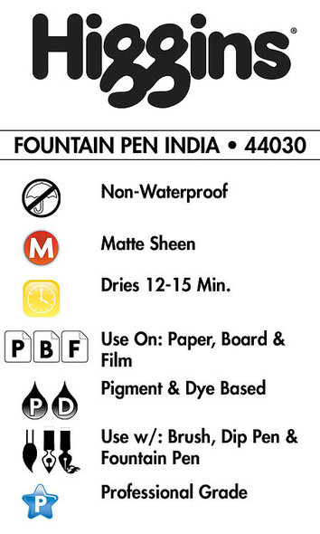 Higgins Dye/Pigment-Based Non-Waterproof Fountain Pen India Ink, Black, 1oz