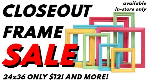 Closeout Frames are on super sale! Our best prices ever find hundreds of frames in a variety of colors, shapes, and sizes! Offer available in-store only, call (404) 352-7200 for  more information