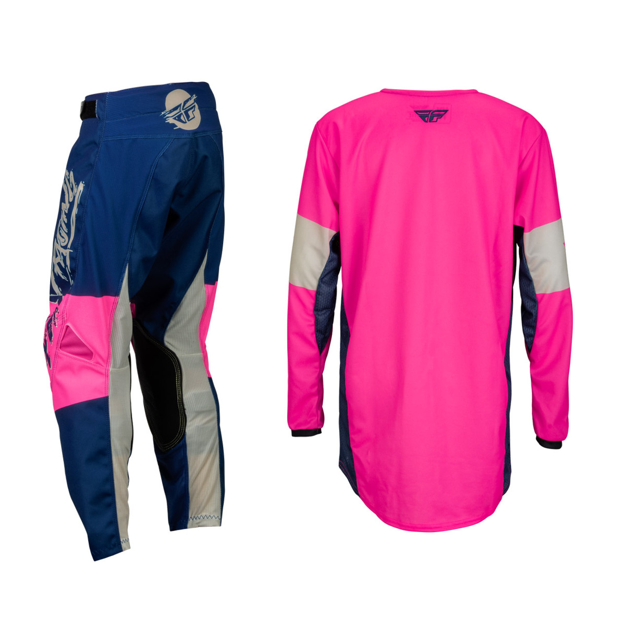 FLY Racing 2024 Youth Kinetic Khaos Jersey Pant Combo Pink/Navy/Tan