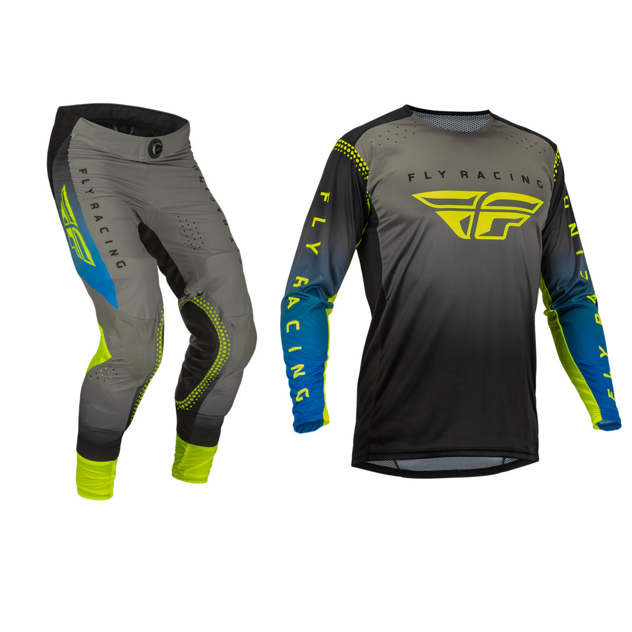 FLY Racing 2023 Youth Lite Jersey Pant Combo Grey/Blue/Hi-Vis