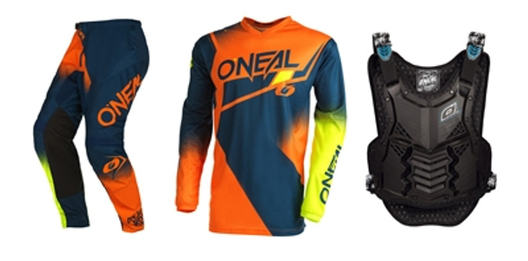 Oneal 2022 Element Racewear Blue/Orange Jersey Pant Chest Protector Combo