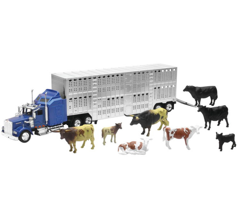 New Ray Toys Kenworth W900 Livestock Hauler with Farm Animals Set