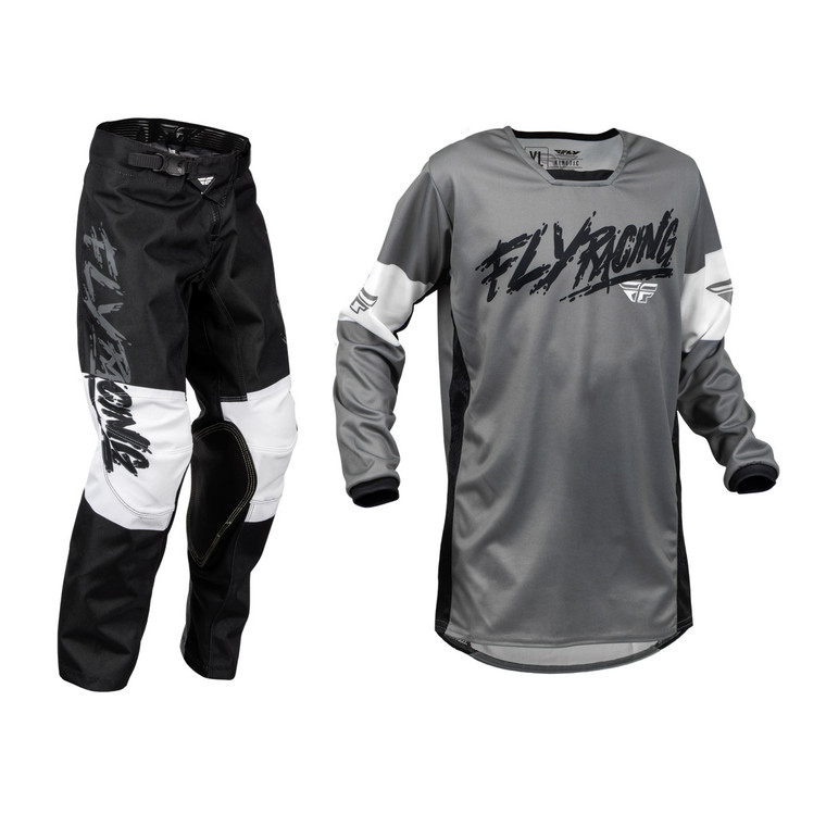 FLY Racing 2023 Youth Kinetic Khaos Jersey Pant Combo Grey/Black/White