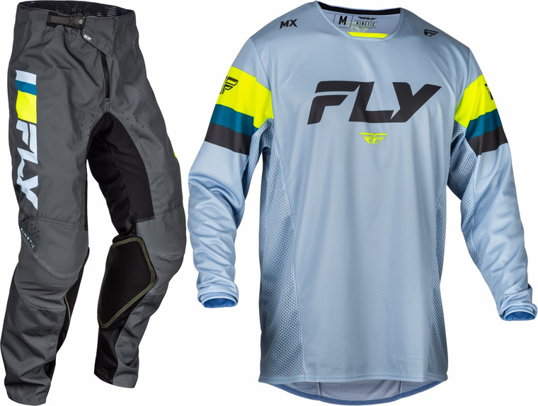 FLY Racing 2024 Youth Kinetic Prix Jersey Pant Combo Ice Grey/Charcoal/Hi-Vis