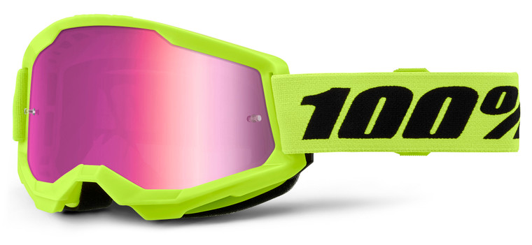 100% Strata 2 Offroad Goggle Neon Yellow - Mirror Pink Lens