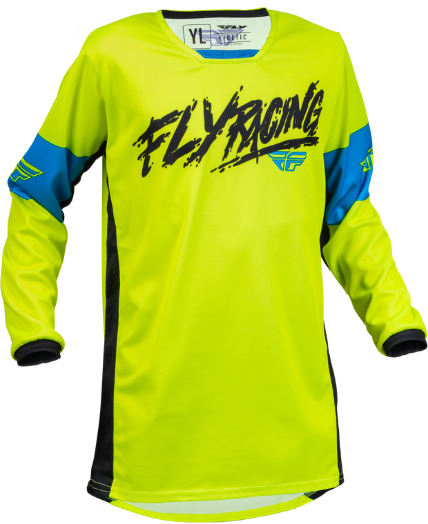 FLY Racing 2023 Youth Kinetic Khaos Jersey Hi-Vis/Black/Cyan