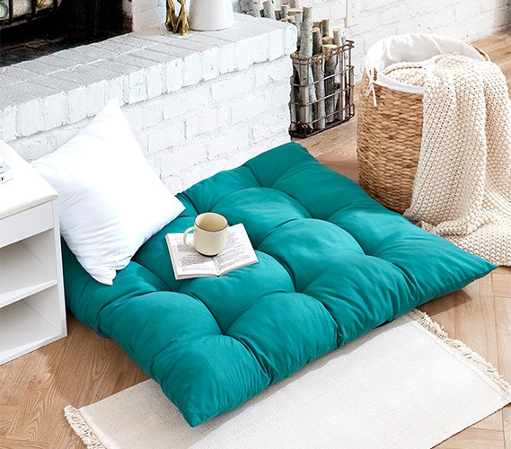 Designer Dorm Room Floor Cushion Rainha Puffy Tufted Emerald