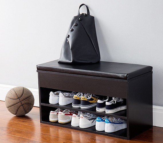 Unique Dorm Space Saving Shoe Rack Bench with Top Cushion Black