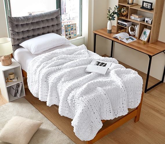 White Dorm Bedding Twin XL Cozy Potato Chenille Chunky Knit - Main Image