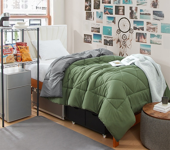 Neutral Dorm Room Ideas Hero Green/Charcoal Reversible Twin XL