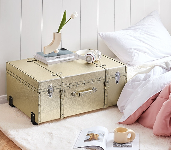 Gold Footlocker Trunk with Wheels and Lock Dorm Room Storage Ideas Cute College Apartment Decor