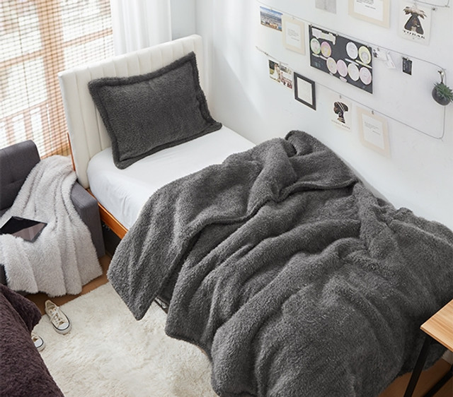 Extra Long Twin Comforter Set Faux Fur Gray College Bedding Essential Dark Neutral Dorm Room Decor
