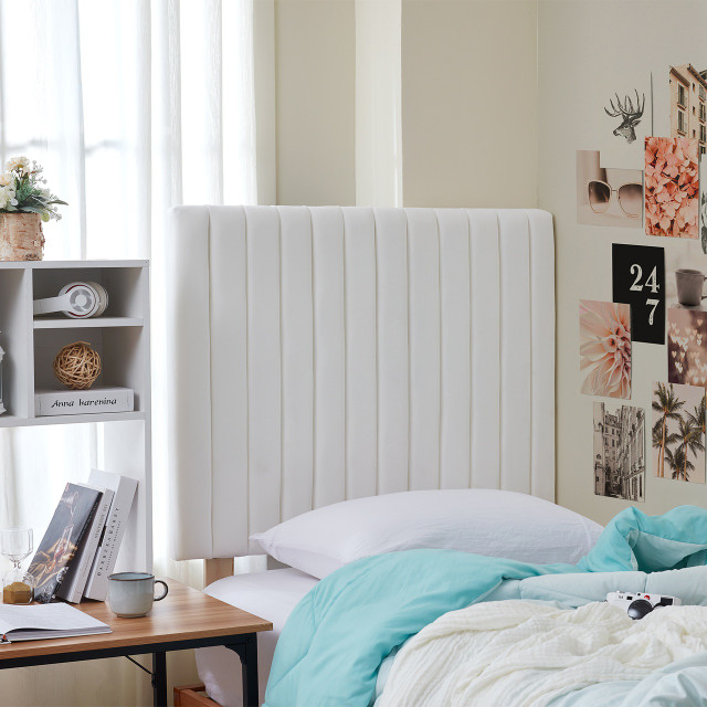 Designer Dorm Room Decor Ideas White Velvet Tufted Headboard Extra Long Twin Bedding Accessory
