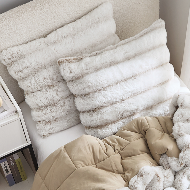 Boho Dorm Room Decor for Girls Designer Twin XL Bedding Essentials Beige Faux Fur Pillow Cover College Apartment Essentials