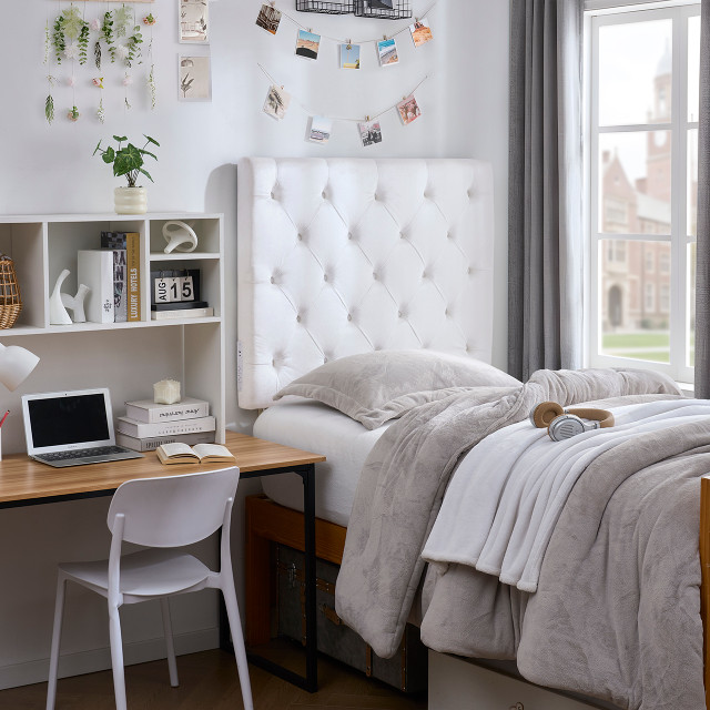 Tufted Velvet Plush College Dorm Left Side Outlet Headboard with Legs - White