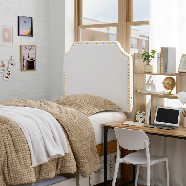 Bevel Tacked Plush Outlet Headboard with Legs - White with Gold Rivets