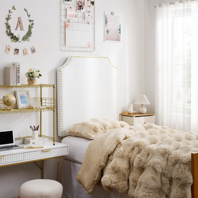 Extra Tall - Bevel Tacked Plush Outlet Headboard with Legs - White with Gold Rivets