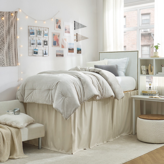 Cotton Dorm Bungee Bed Skirt 3 Panel Set - Sepia Beige
