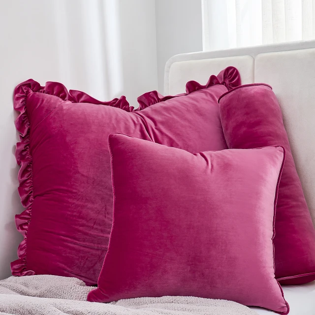 Rainha® Velvet Dutch Ruffled, Euro & Bolster Pillow Set - Vibrant Pink