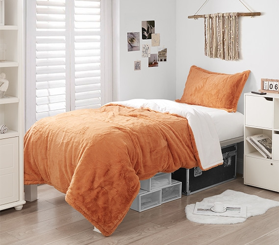 Designer Extra Long Twin Comforter Set Orange College Bedding Set Faux Fur Dorm Blanket