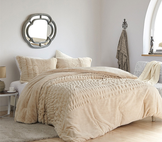 Faux Fur Twin Extra Long Comforter Set with Matching Pillow Shams Neutral College Bedding Set