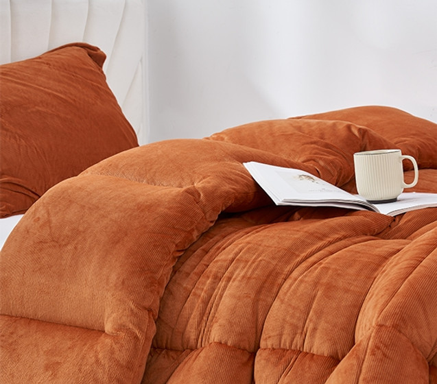 Softest College Bedding Twin XL Size Orange Corduroy Comforter Ultra Cozy Plush Oversized Dorm Bedspread Set