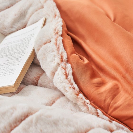 Extra Long Twin Comforter Set White and Orange Faux Fur Dorm Bedding Trendy College Essentials