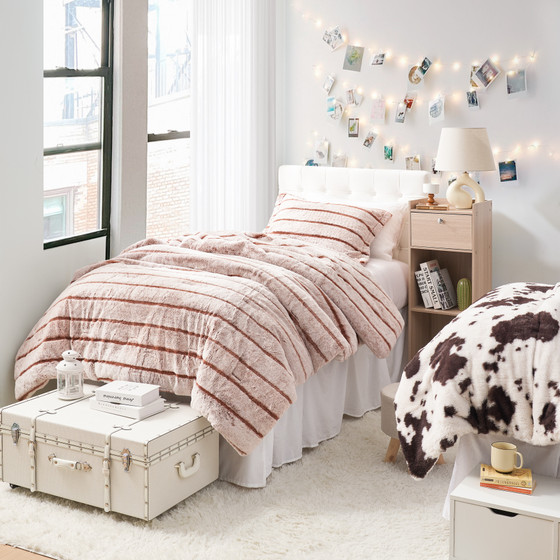 Striped Beige Dorm Bedding Set for Freshmen Dorm Room Microfiber Twin Extra Long Bedding Essentials