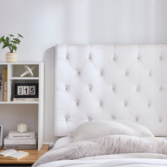 Tufted Velvet Plush College Dorm Outlet Headboard with Legs - White