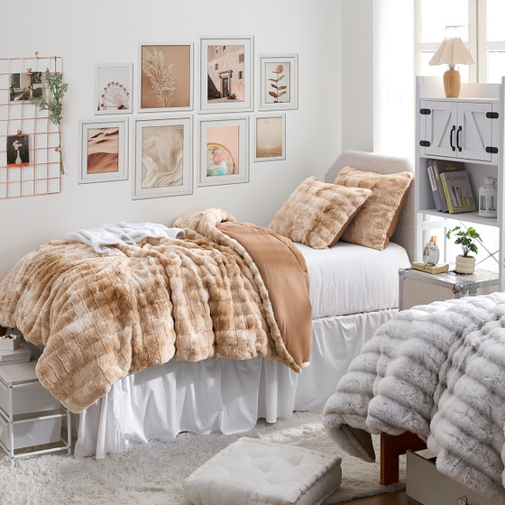 Neutral Dorm Room Decor Brown Twin Extra Long Comforter Set Oversized Fluffy Bedding for College Apartment Essentials Checklist for Girls