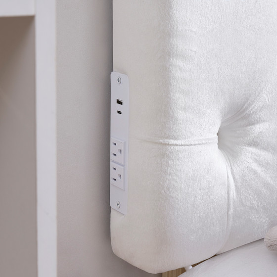 Tufted Velvet Plush College Dorm Left Side Outlet Headboard with Legs - White