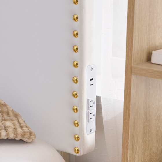 Bevel Tacked Plush Outlet Headboard with Legs - White with Gold Rivets