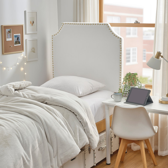 Bevel Tacked Plush Outlet Headboard with Legs - White with Gold Rivets