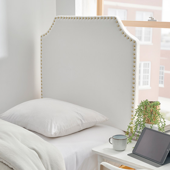 Bevel Tacked Plush Outlet Headboard with Legs - White with Gold Rivets