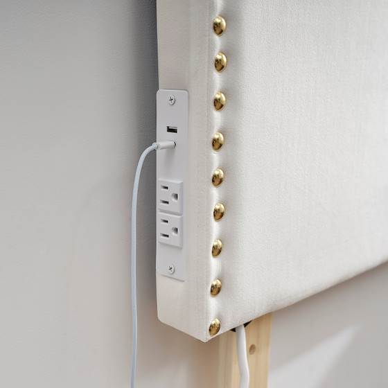 Bevel Tacked Plush Outlet Headboard with Legs - White with Gold Rivets