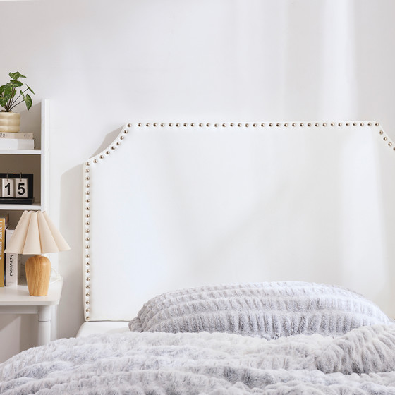 Full/Full XL - Bevel Tacked Plush Outlet Headboard with Legs - White with Silver Rivets