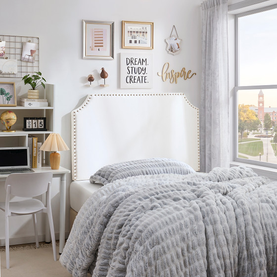 Full/Full XL - Bevel Tacked Plush Outlet Headboard with Legs - White with Silver Rivets