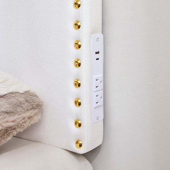 Full/Full XL - Bevel Tacked Plush Outlet Headboard with Legs - White with Gold Rivets