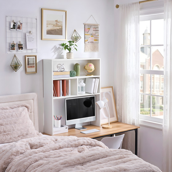 Yak About It® Double Shelf - College Desk Bookshelf Dorm Hutch - White