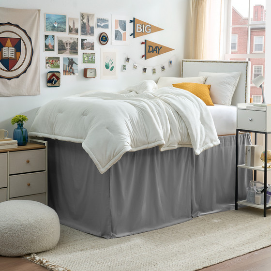 Cotton Dorm Bungee Bed Skirt 3 Panel Set - Slate Gray