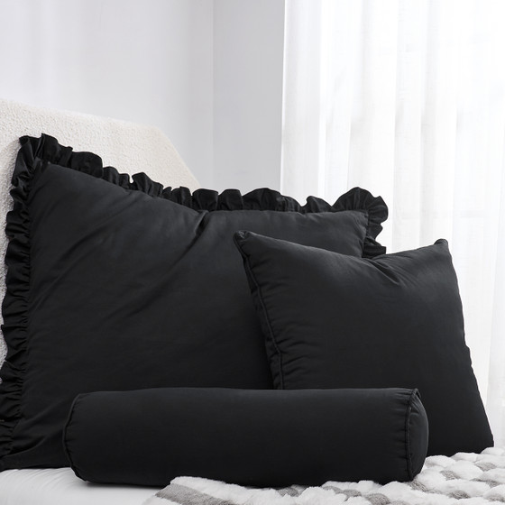 Rainha® Cotton Dutch Ruffled, Euro & Bolster Pillow Set - Black