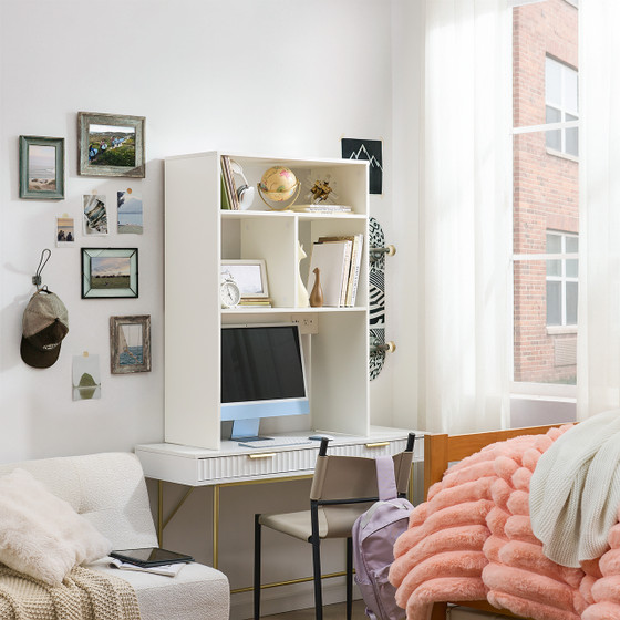 Yak About It® - Extra Depth Cube Dorm Desk Bookshelf with Outlet - White